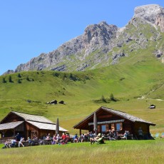 Die Almhütte liegt am Fuße des Hausbergs von Lungiarü, dem Pütia / Peitlerkofel
